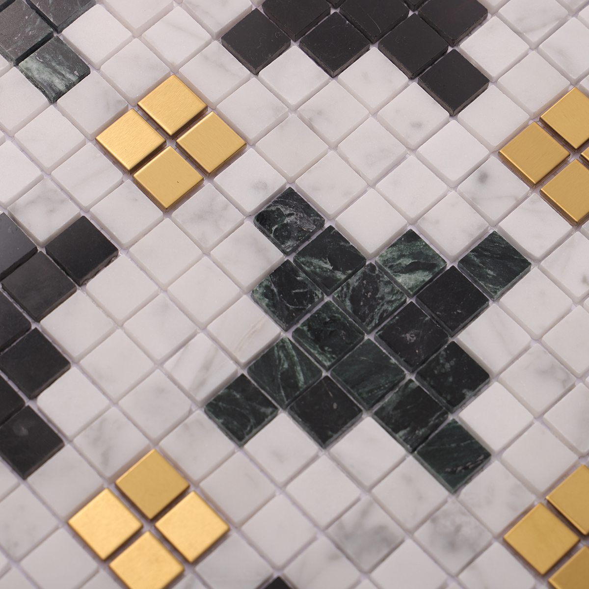 Close-up of Green White Mix Gold Marble Metal Square Mosaic Tile