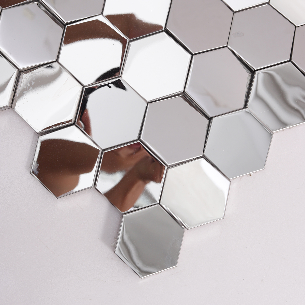 Detailed View of Hexagon 3D Stainless Steel Mirror Mosaic Pattern