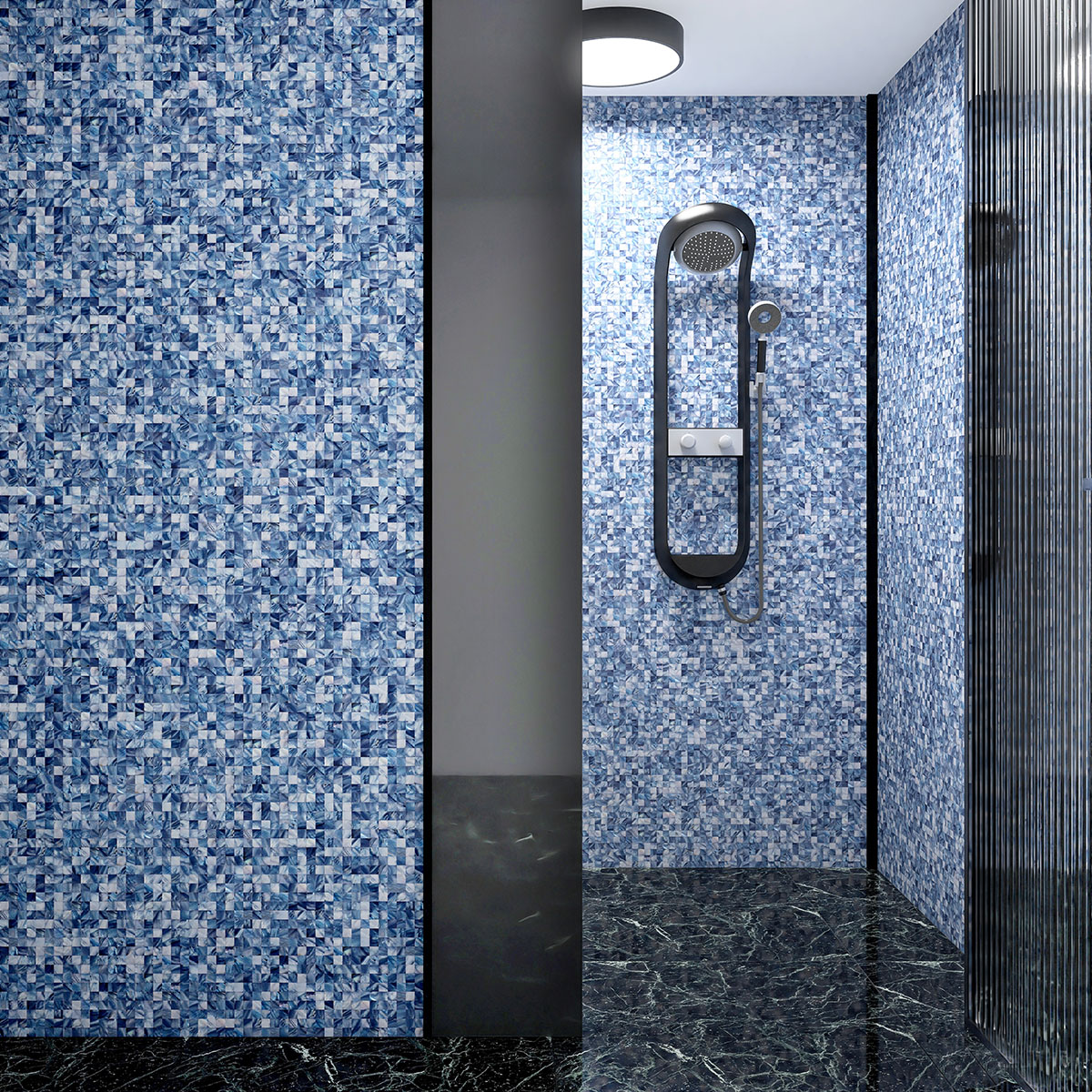 Iridescent Blue Mother of Pearl Mosaic Tiles on Bathroom Wall