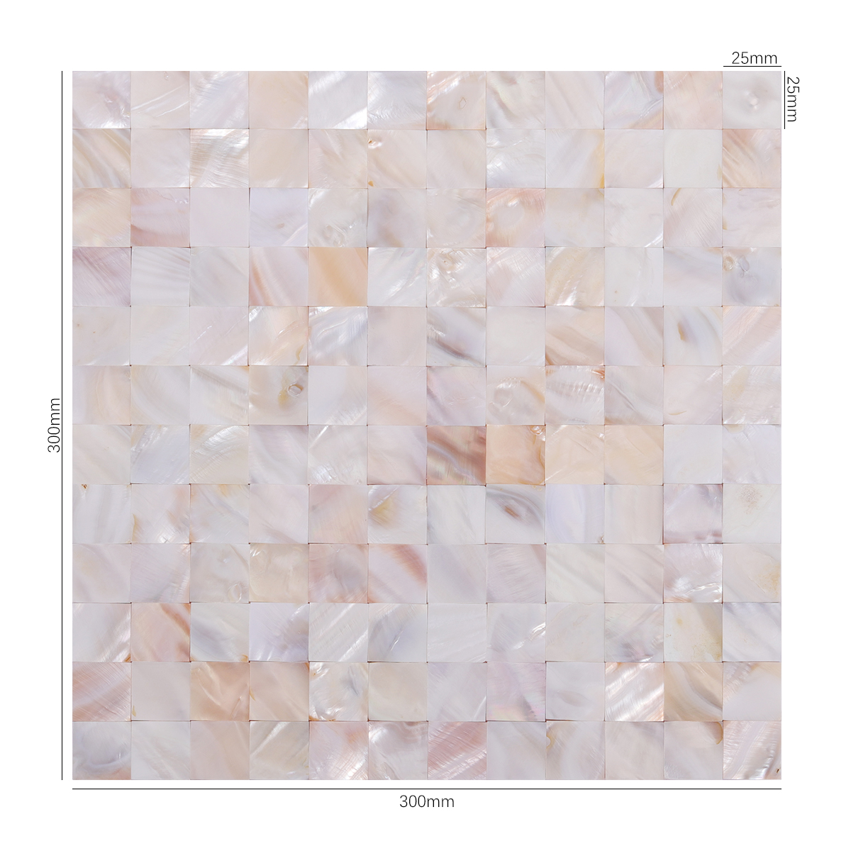 Front View of Natural Seashell Mother of Pearl Mosaic Tile with Dimensions