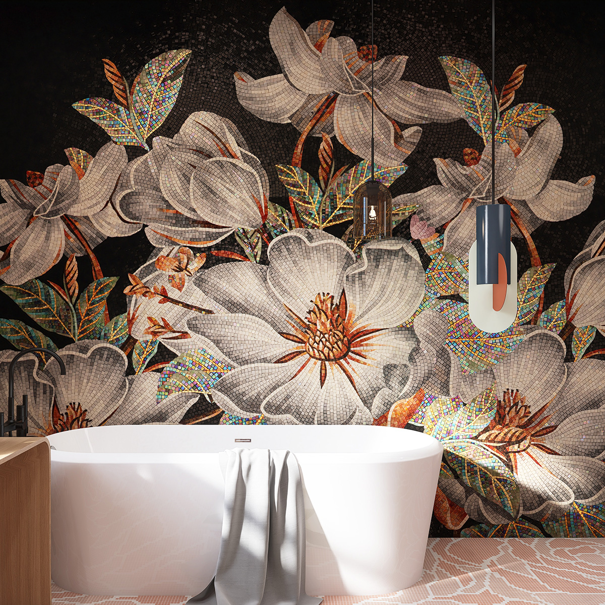 Customized Flower Pattern Glass Mosaic Tile on Bathroom Wall