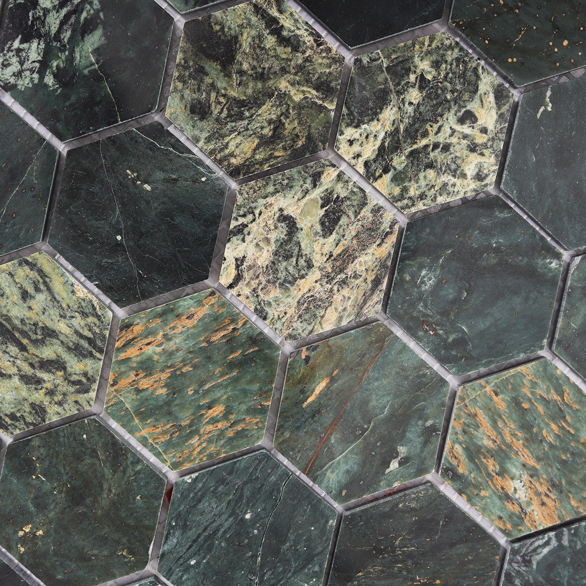 Close-up of Indian Green Marble Hexagon Mosaic Tile Surface