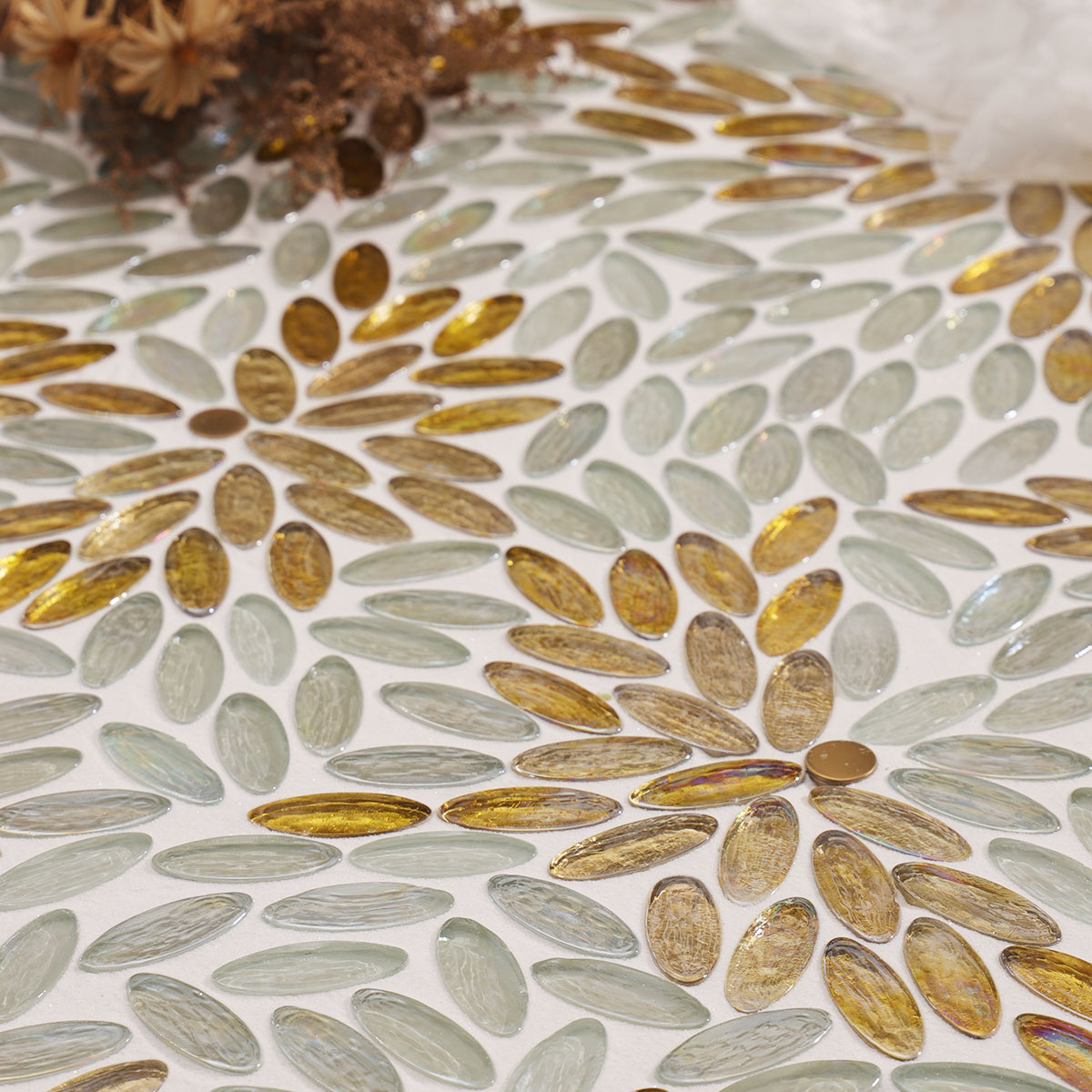 Iridescent White and Gold Oval Glass Petal Pattern Mosaic Tile Floor