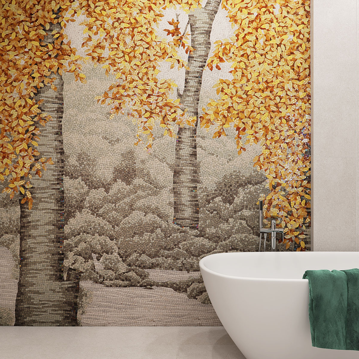 Golden Tree Mural Mosaic Art as Living Room Accent Wall 