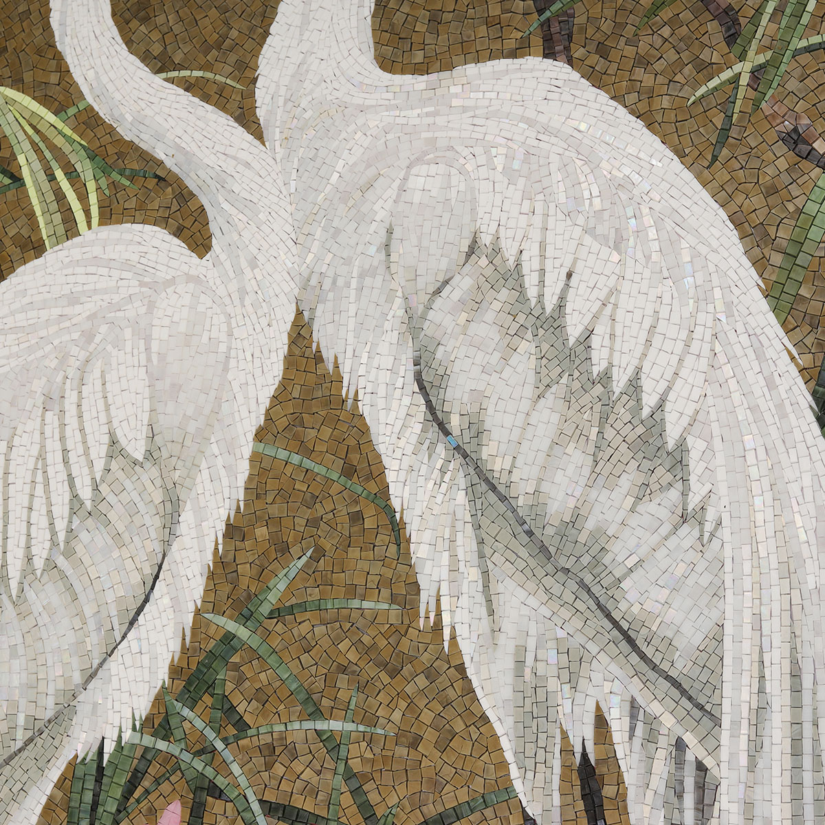 Handcrafted Mosaic Tile Work on White Crane Art Mural