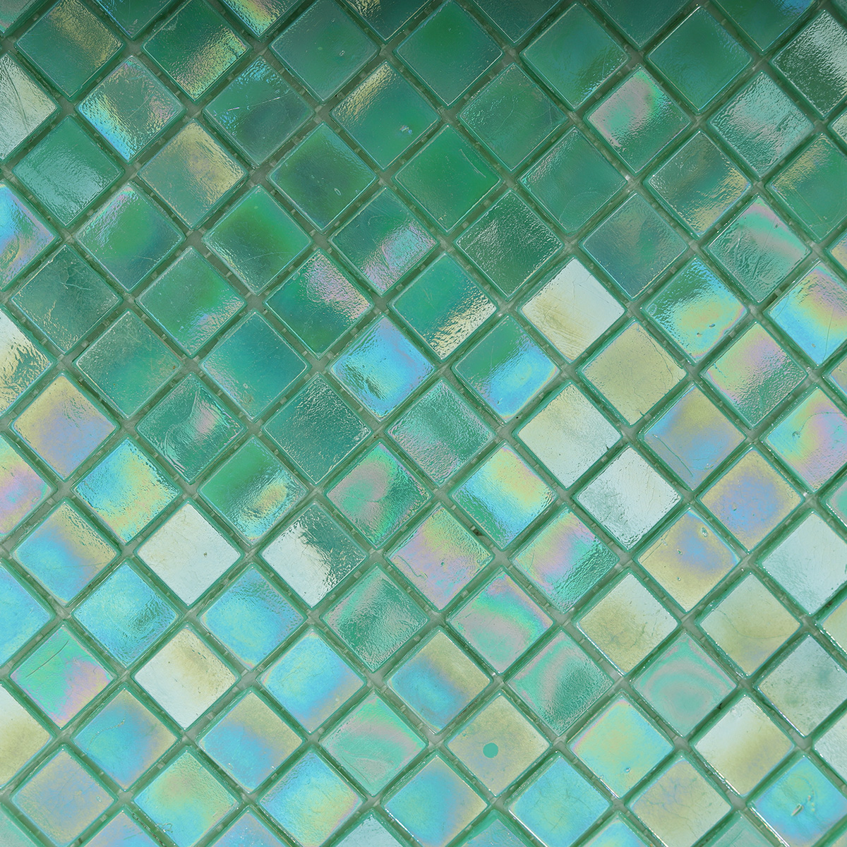 Detailed View of Light Green Iridescent Glass Mosaic Tile Pattern