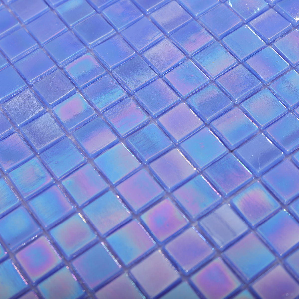 Detailed View of Iridescent Blue Glass Mosaic Pool Tile