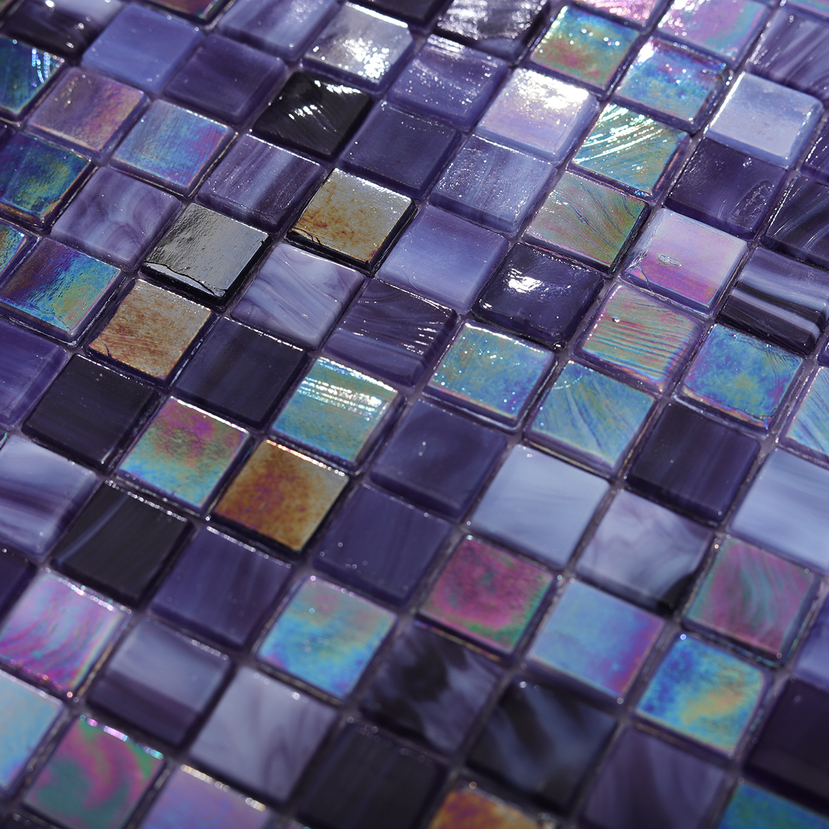 Close-up of Iridescent Purple Mosaic Tiles Showing Glossy Finish