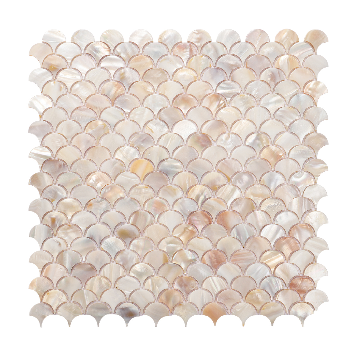 Beige mini fish scale mother of pearl mosaic tile with a shimmering surface pattern.