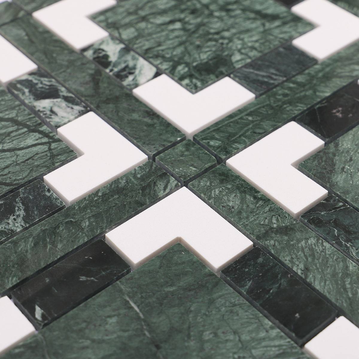 Close-up of the stone mosaic showing geometric patterns and smooth surface