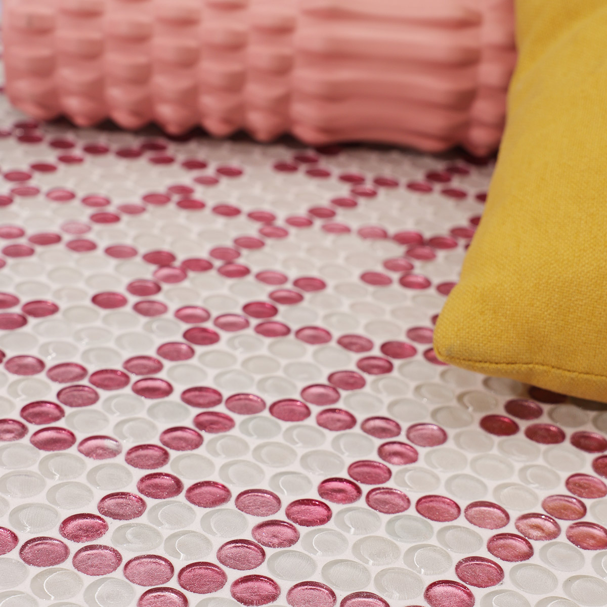 White and Pink Round Glass Diamond Geometric Pattern Mosaic Tiles