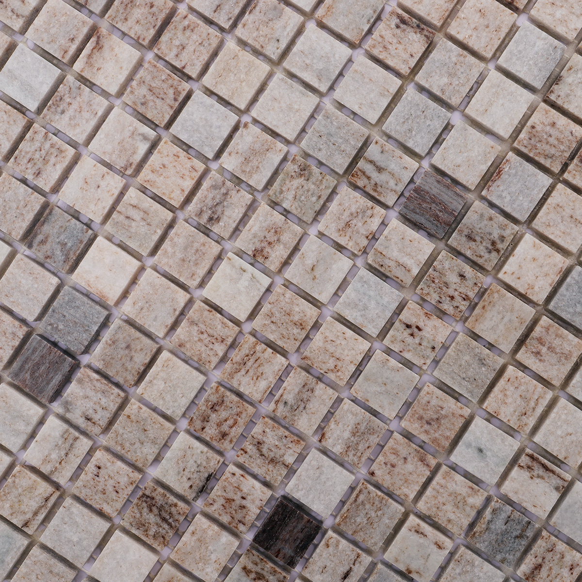 Detailed image highlighting the wood-like appearance of the gray honed marble tiles.