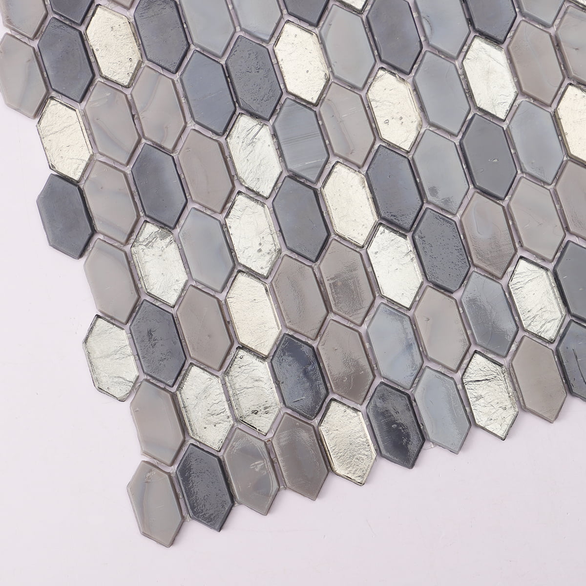 Another view of the gray and metallic Picket mosaic tiles.