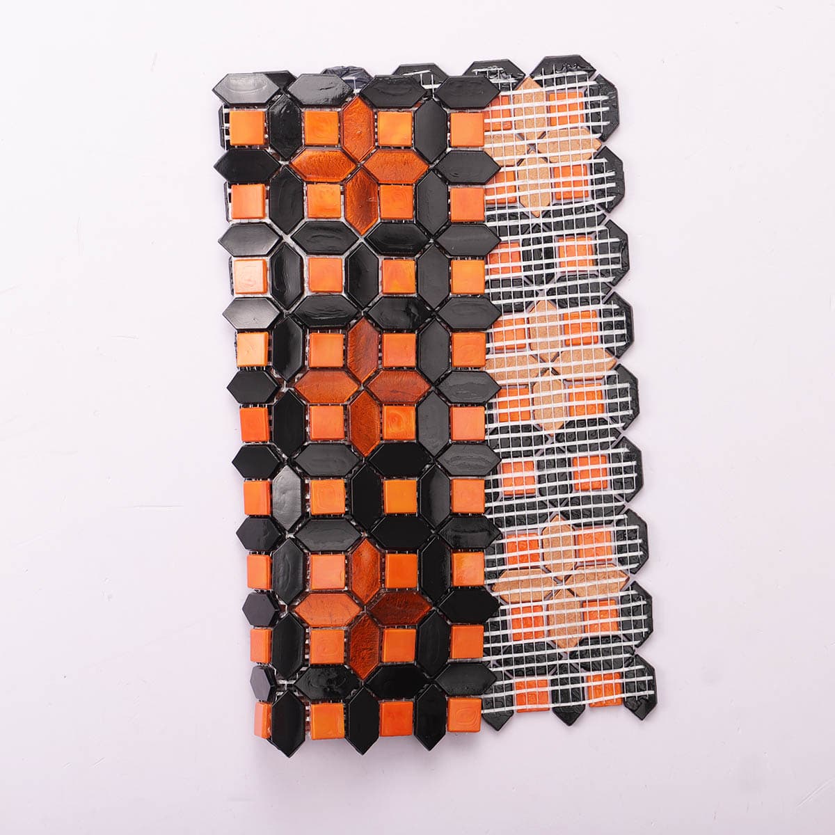 Picket and Square Design Orange & Black Glass Mosaic Backsplash Tiles