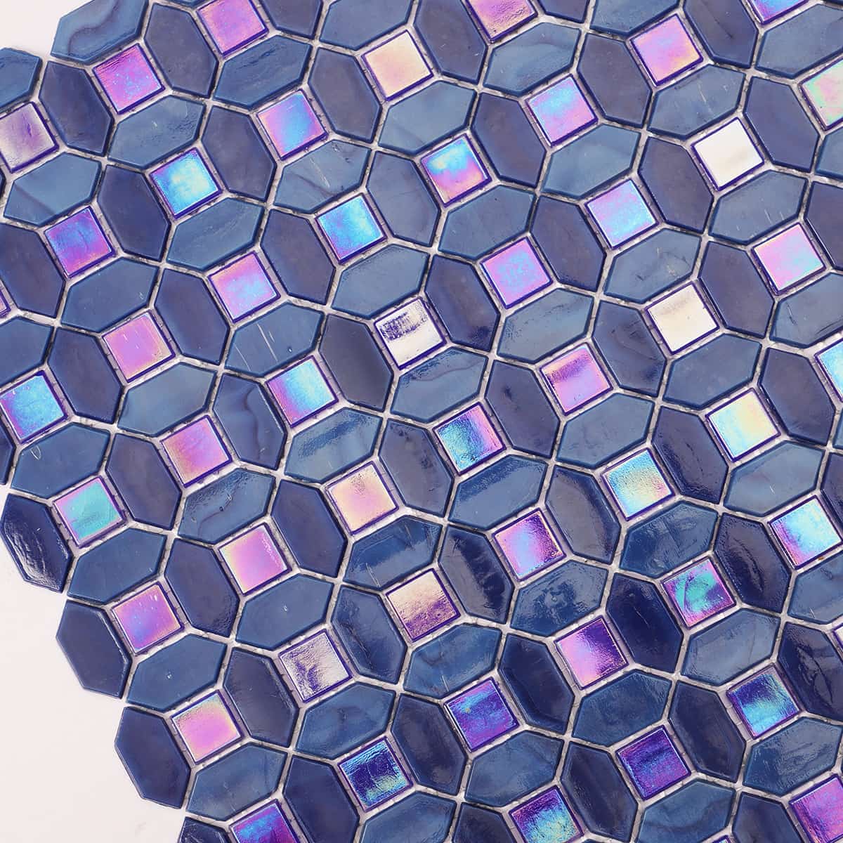 Iridescent  Picket and Square  Blue Glass Mosaic Tiles