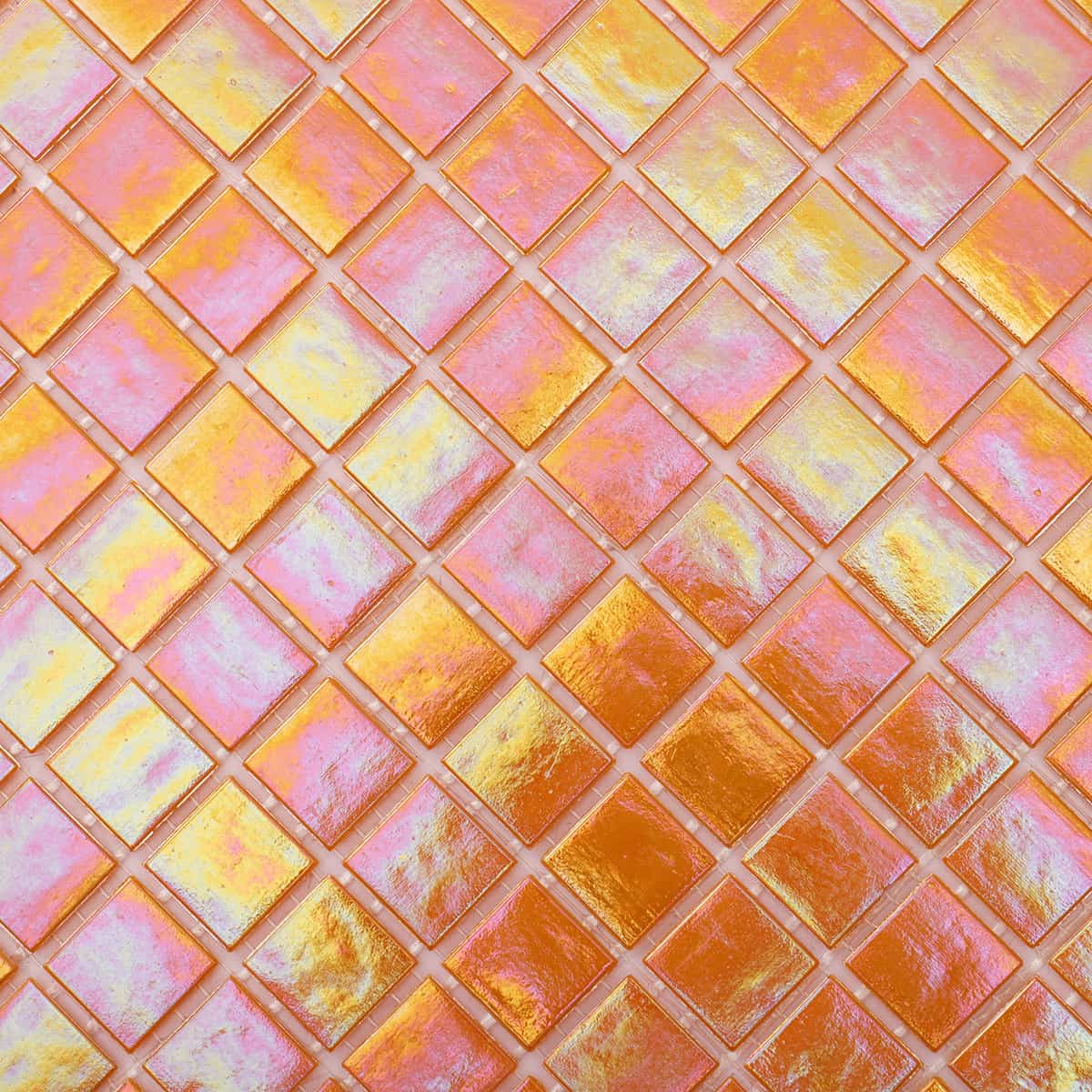 Iridescent Sunset Orange  Glass  Square Mosaic Tile
