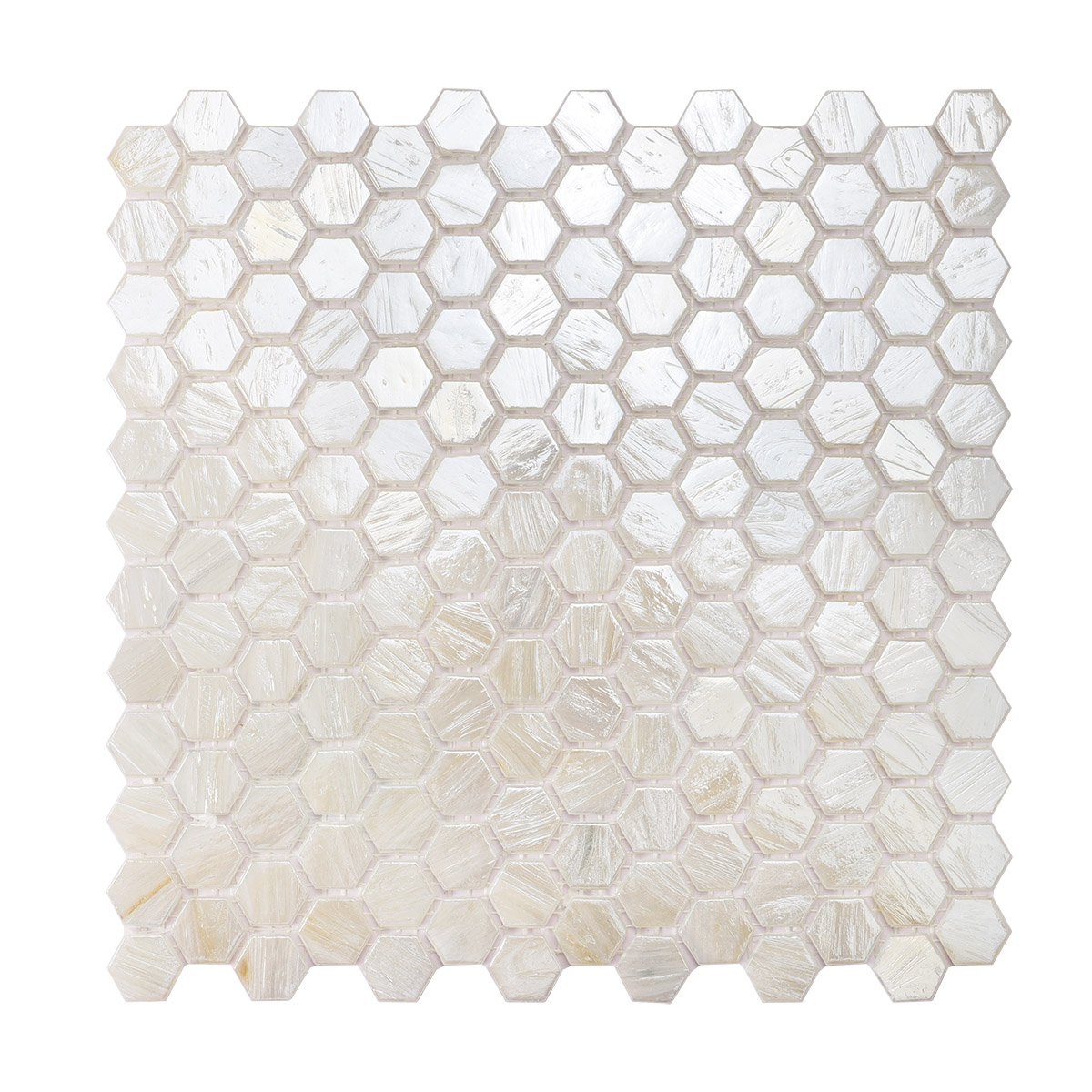 Obverse side of beige flash hexagon glass mosaic tiles.