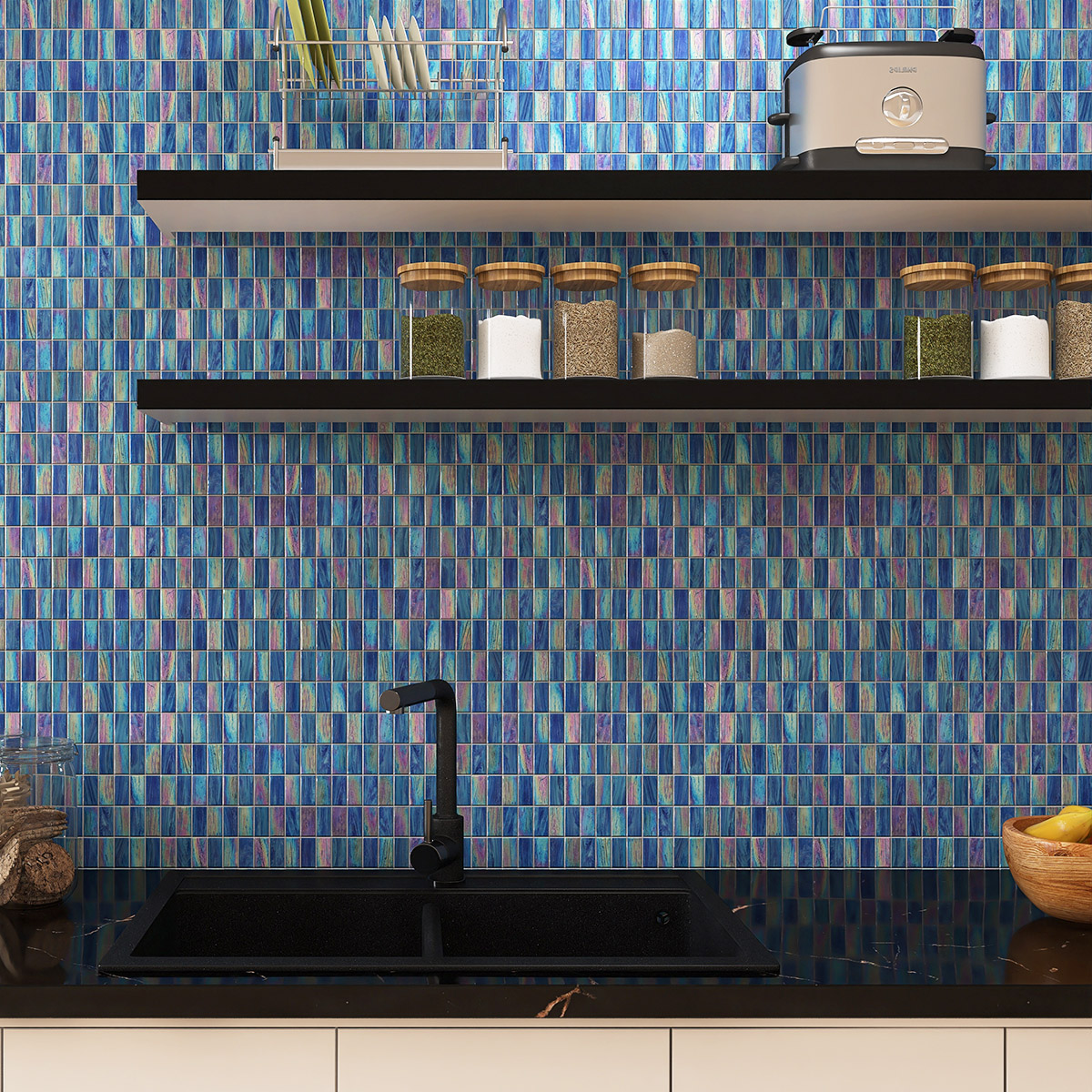 Rectangle Iridescent Blue Checkerboard Glass Mosaic Tiles  in kitchen
