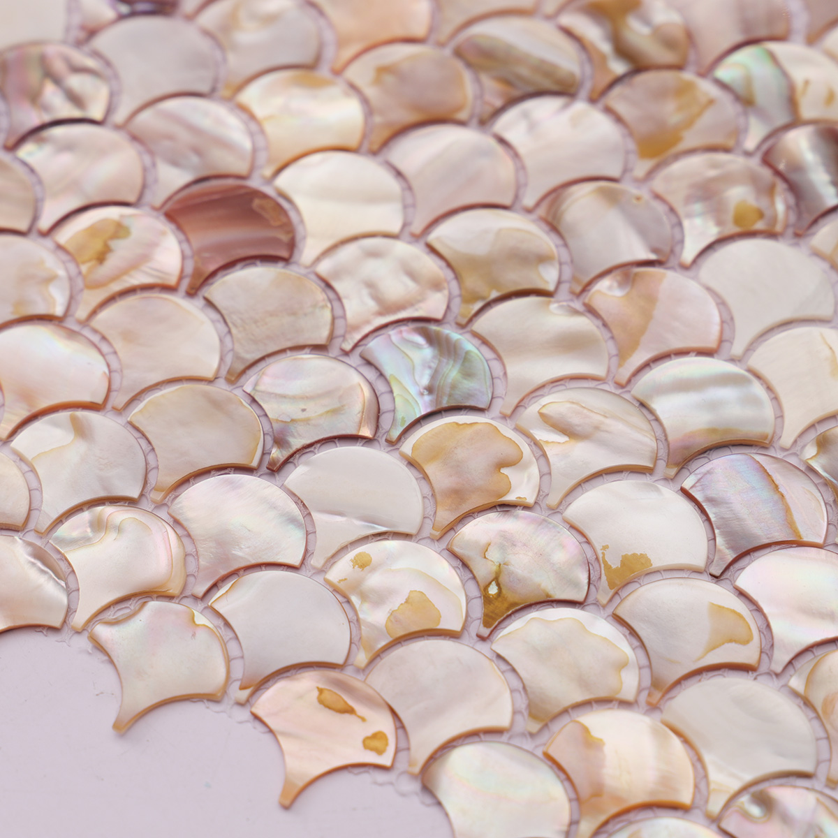Close-up view of mother of pearl fish scale tiles, second arrangement
