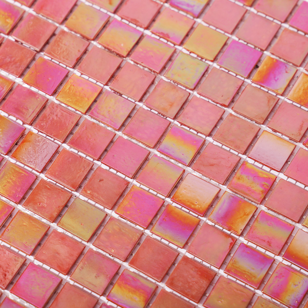 Polished Iridescent Orange Square Glass Mosaic Tiles