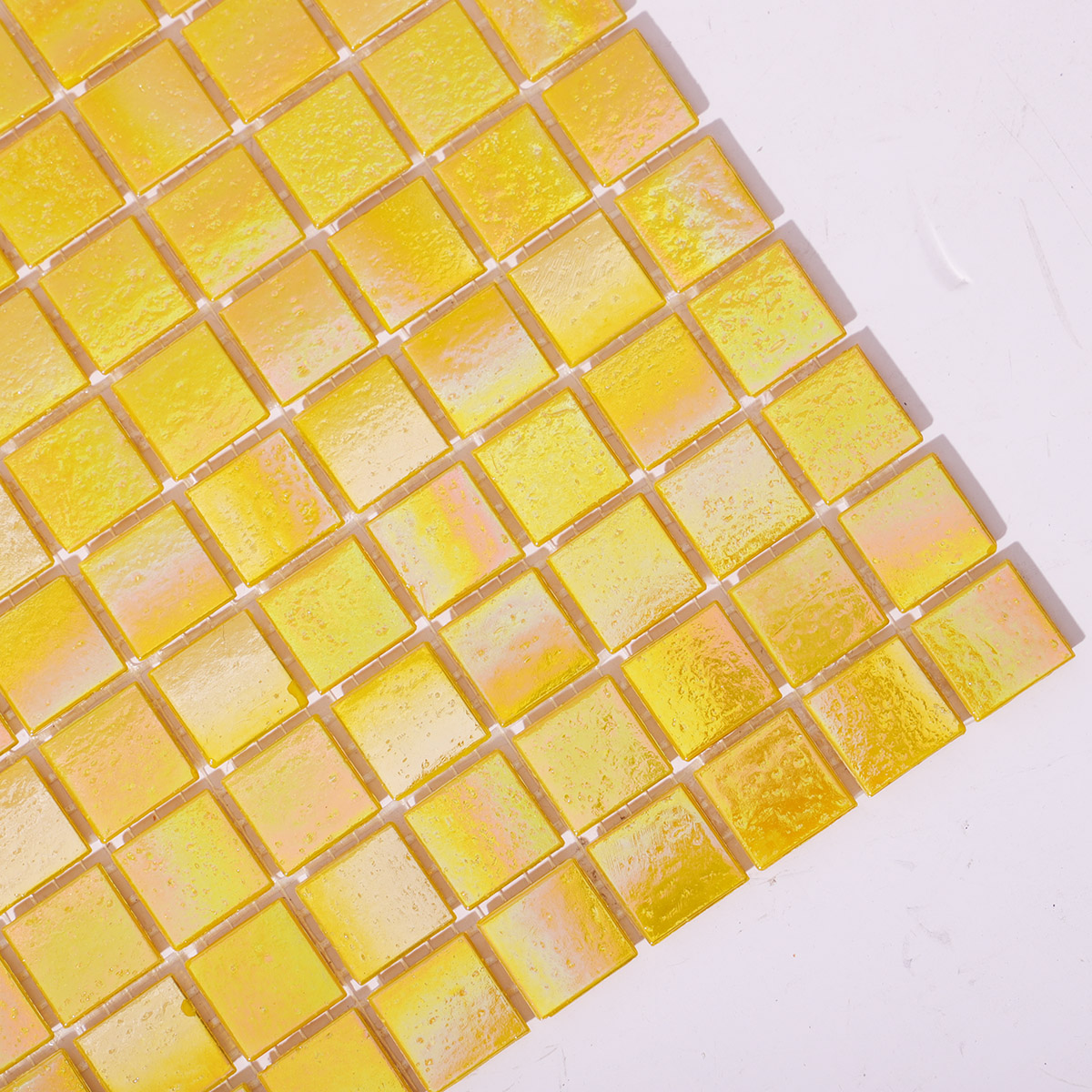 Glossy Iridescent Yellow Square Glass Mosaic Tiles 