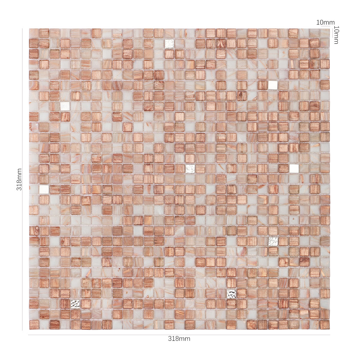 Size view of obverse side of mini square glass mosaic tile with 24K platinum.