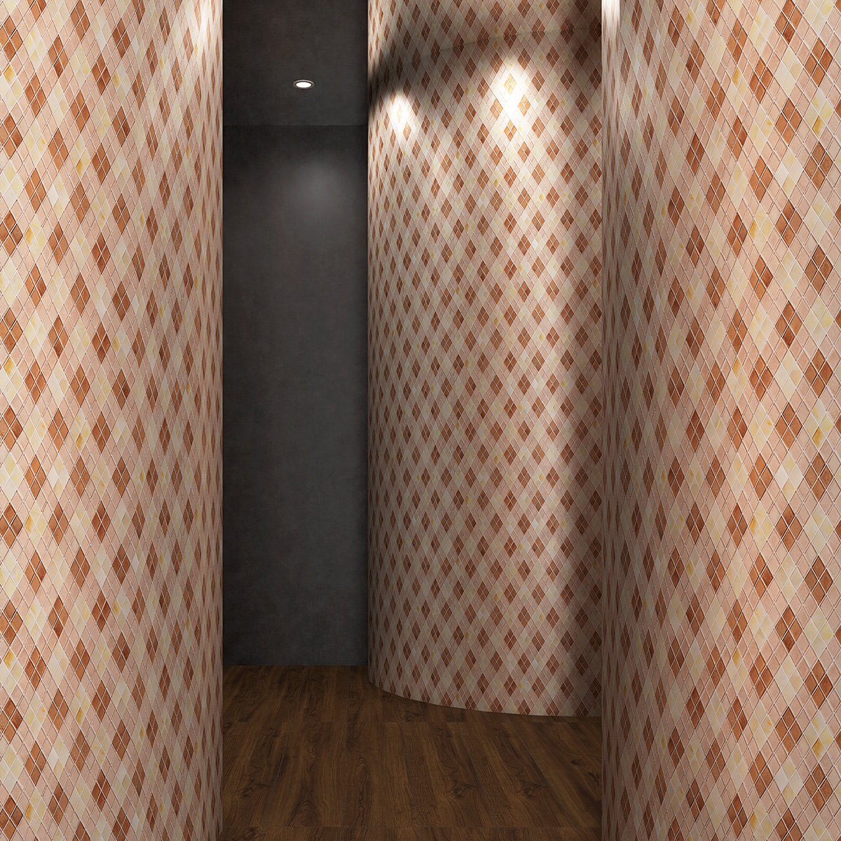 Beige diamond-patterned glass mosaic tiles on an arched wall.