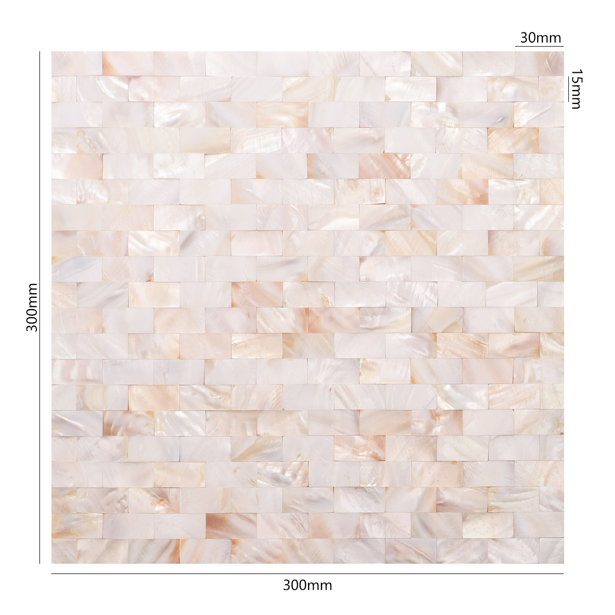 Front of mother of pearl subway tiles, tight joint, with size details.