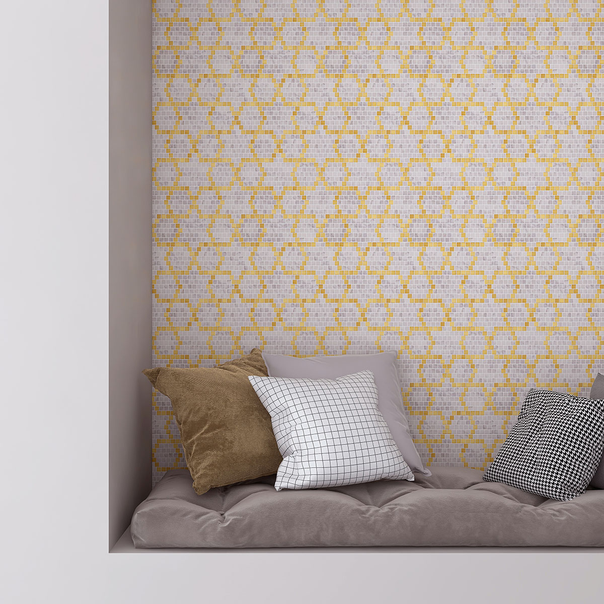 Wall adorned with metal and white marble pixel art mosaic tiles, accompanied by a sofa and pillows