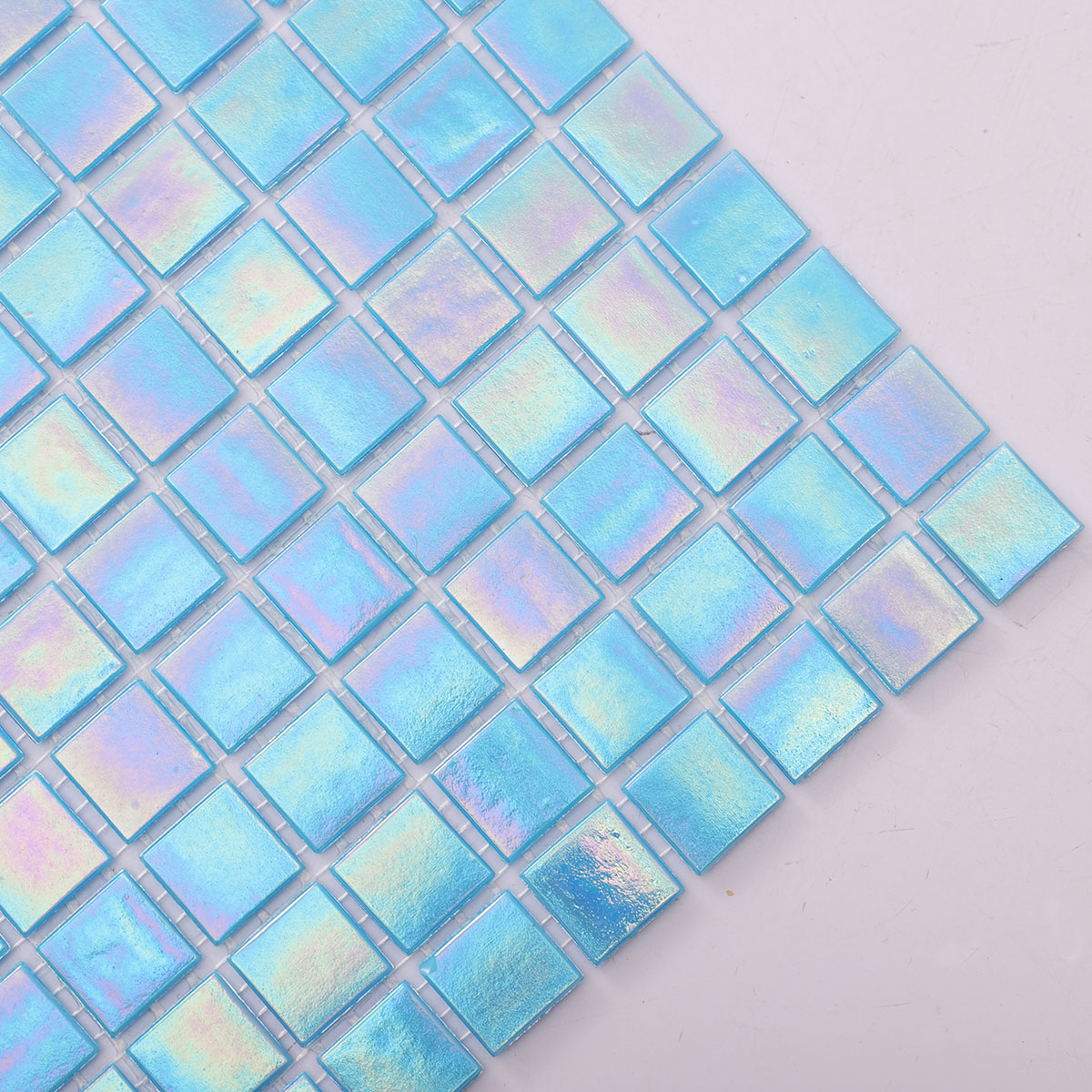 Iridescent, Sky Blue, Square, Glass  Mosaic ,close up,side