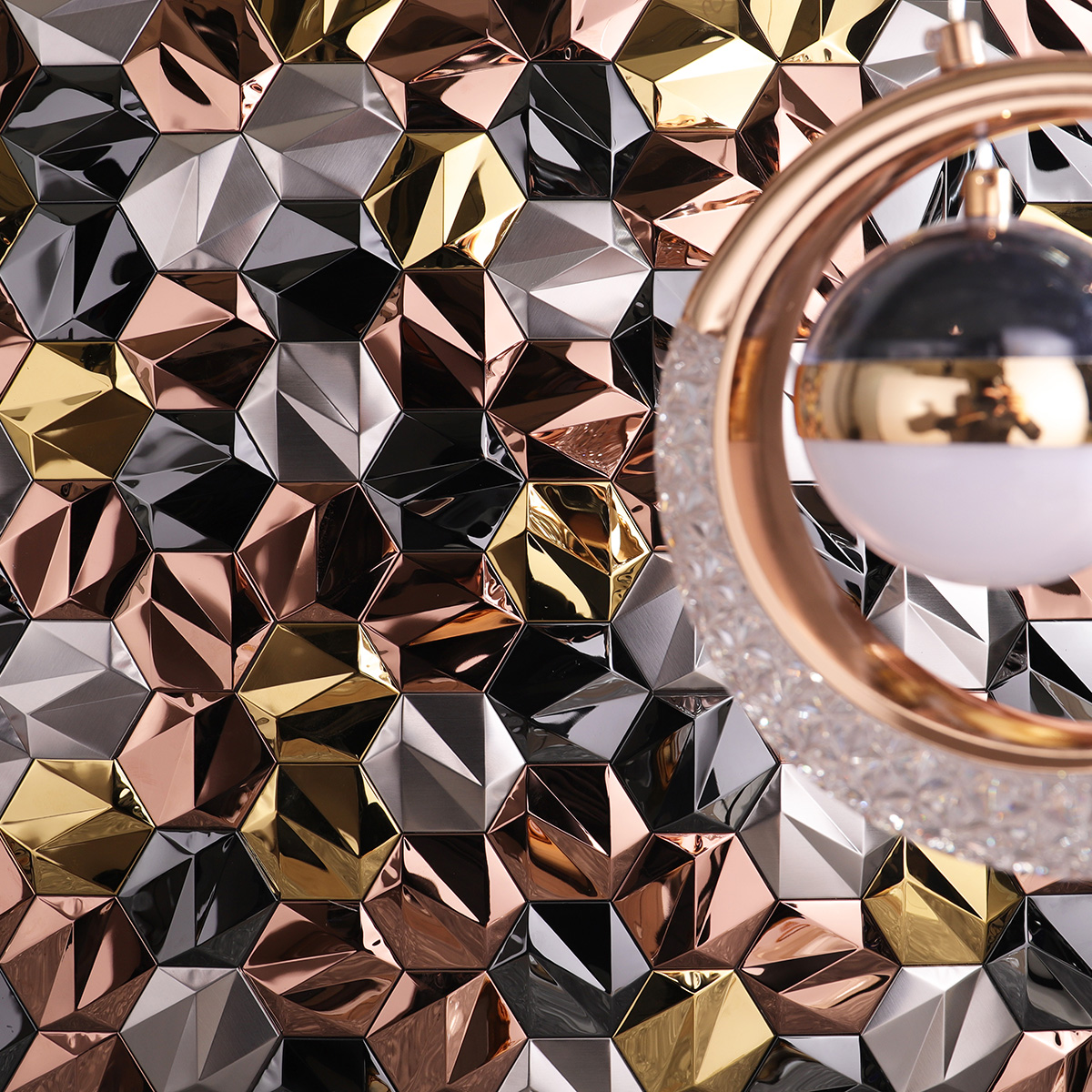 Lighting on 3D hexagon metal mosaic wall tiles
