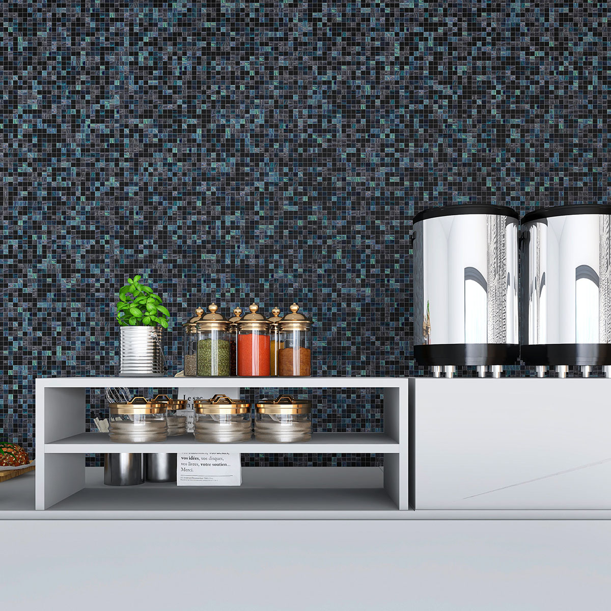 Kitchen featuring green and black joint square glass mosaic wall tiles and kitchen utensils