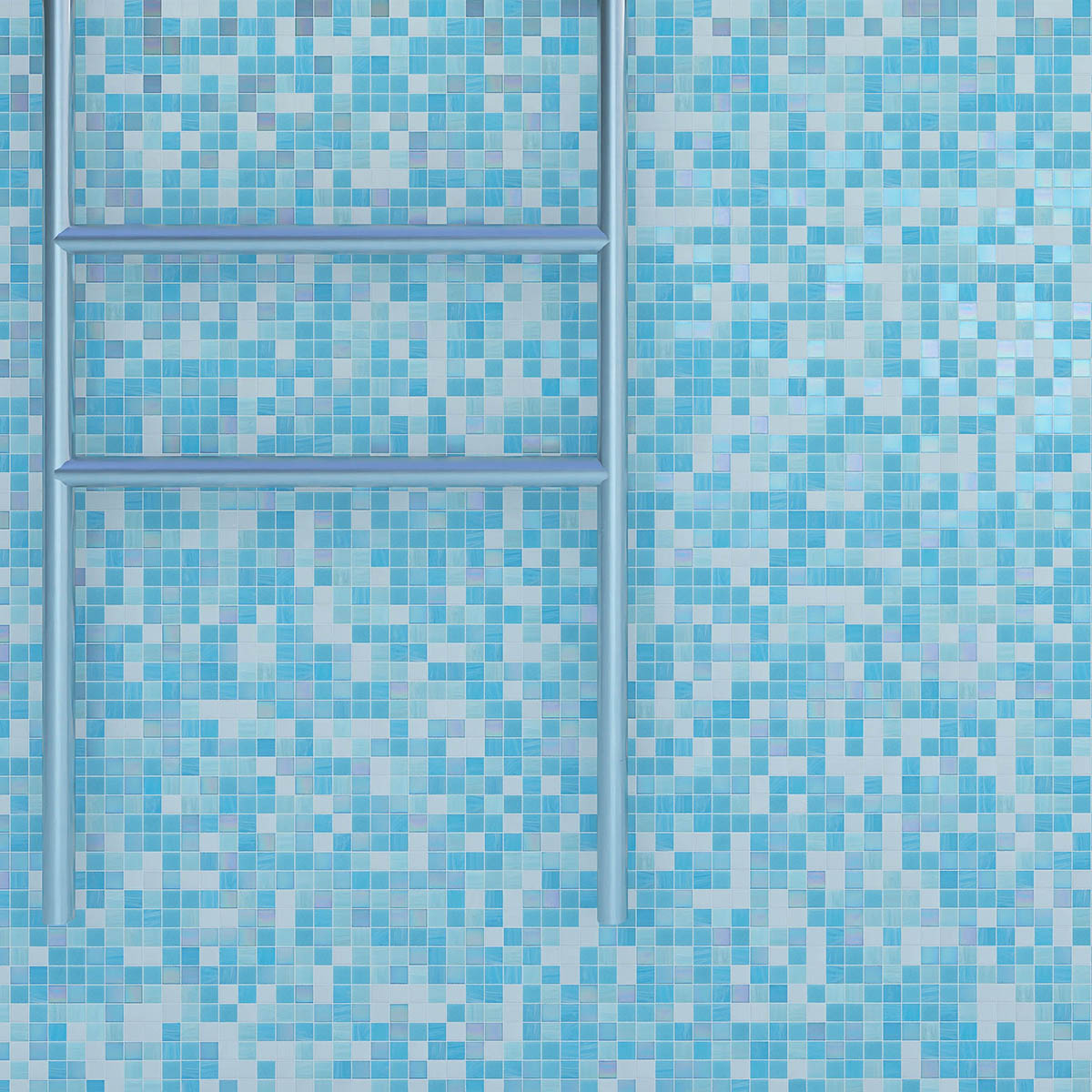 Scene with glossy aqua blue glass mosaic wall tiles in swimming pool