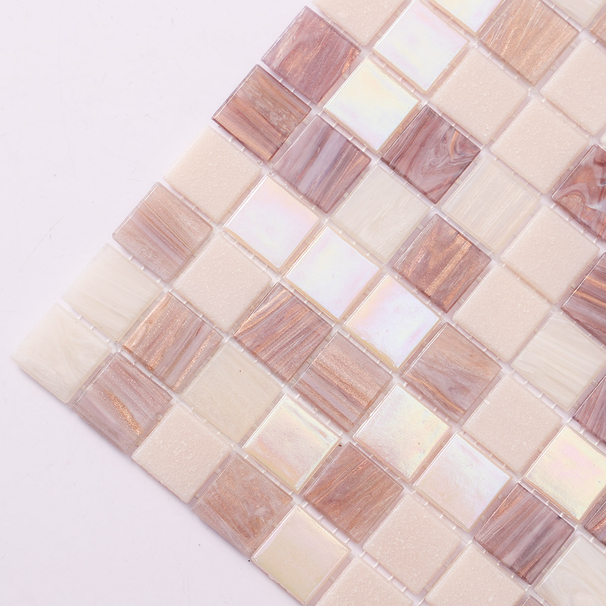 Side close-up of purple and pale pink uniform square glass mosaic tiles