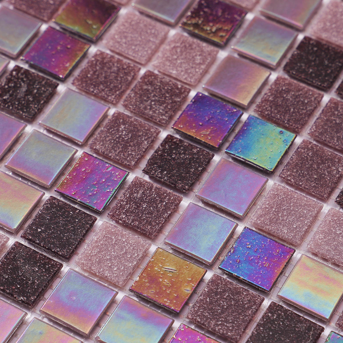 Detailed close-up of purple uniform square glass mosaic tiles