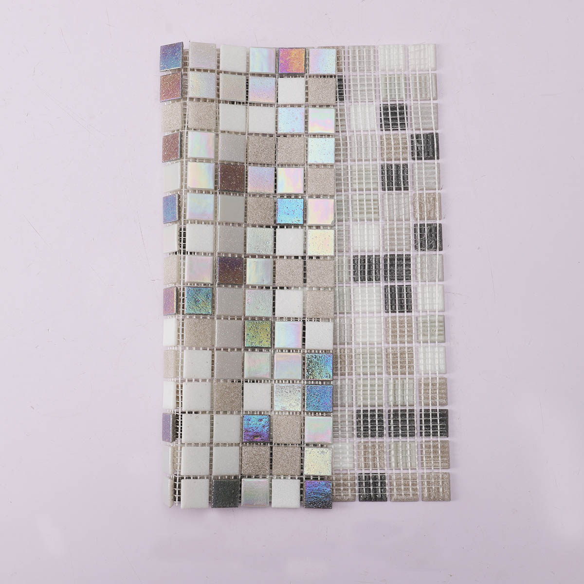 Folded view of multicolor square glass mosaic tiles back side