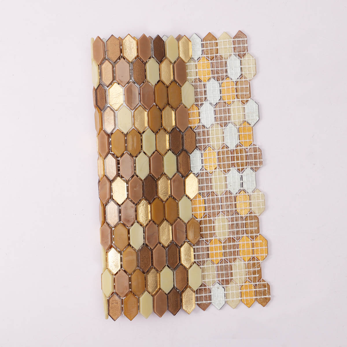 Back side of brown and flicker gold picket glass mosaic tiles, folded