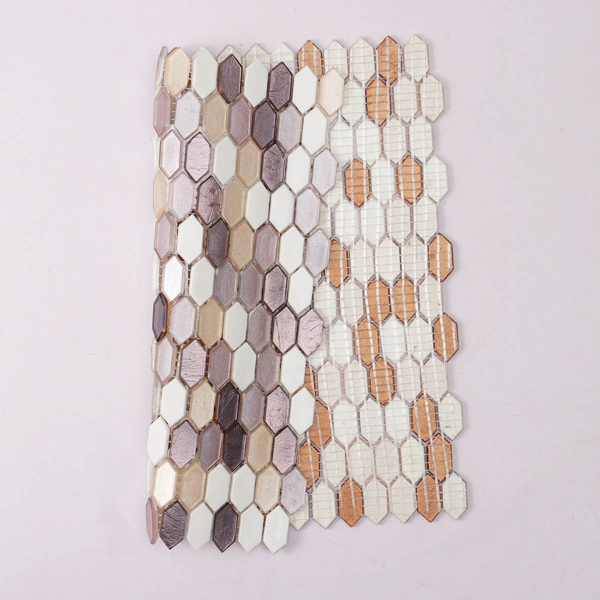 Back side of light purple and white picket glass mosaic tiles, folded