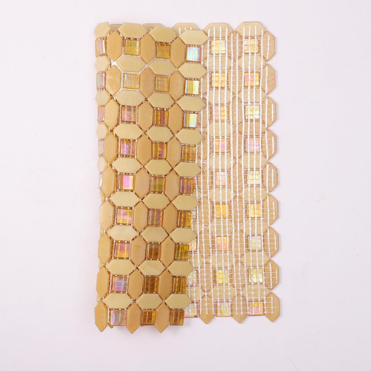 Iridescent orange picket glass mosaic tile folded back side