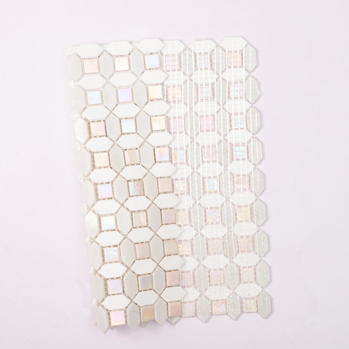 White and light gray picket glass mosaic tile folded back side
