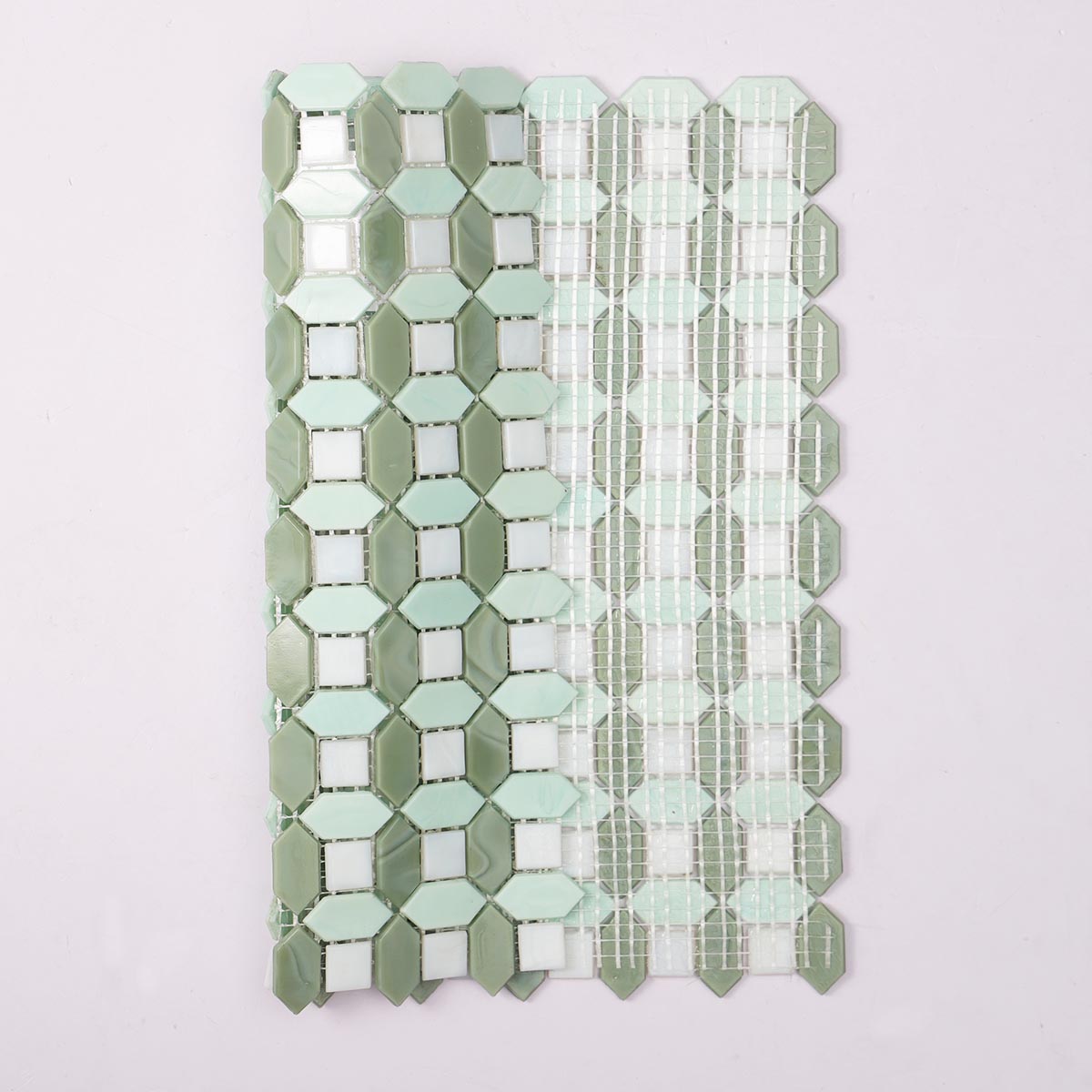 Back side of white and coastal green picket glass mosaic tile, folded