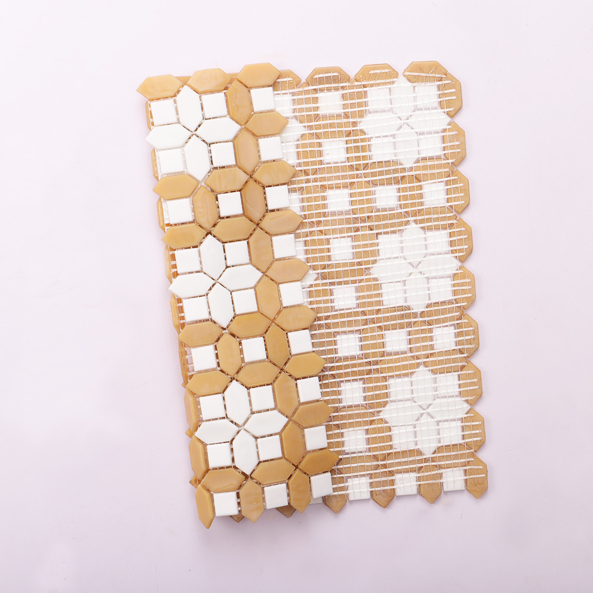 White and deep beige picket polished glass mosaic tiles folded back side