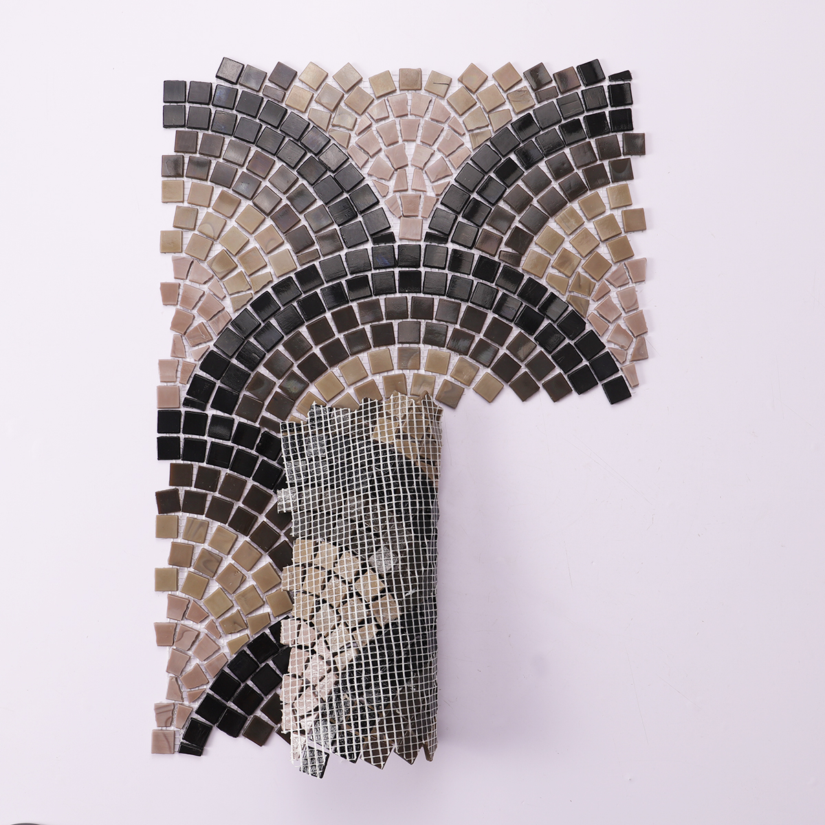 Back side of hand-cut scale glass mosaic artwork tiles, folded