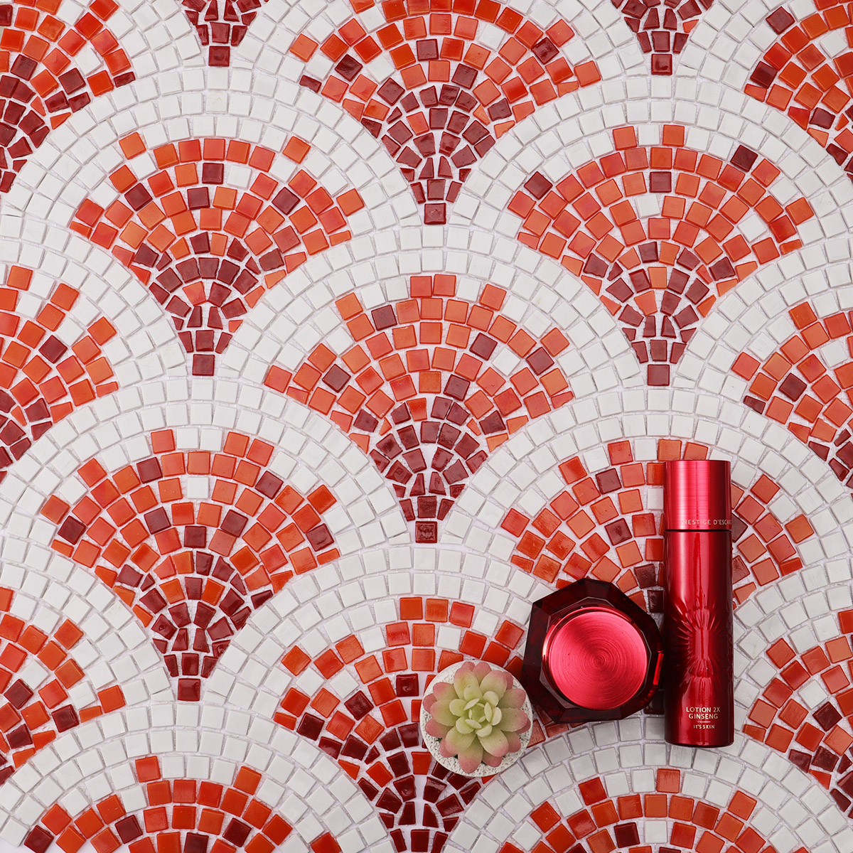 Fish scale glass mosaic design close-up, with decorative items included