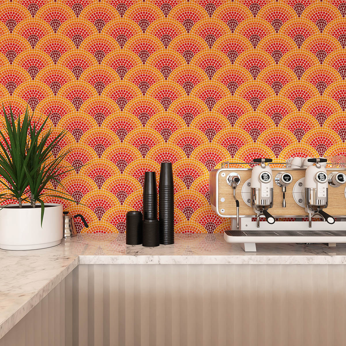 Scene featuring orange and red glass mural mosaic art on the wall