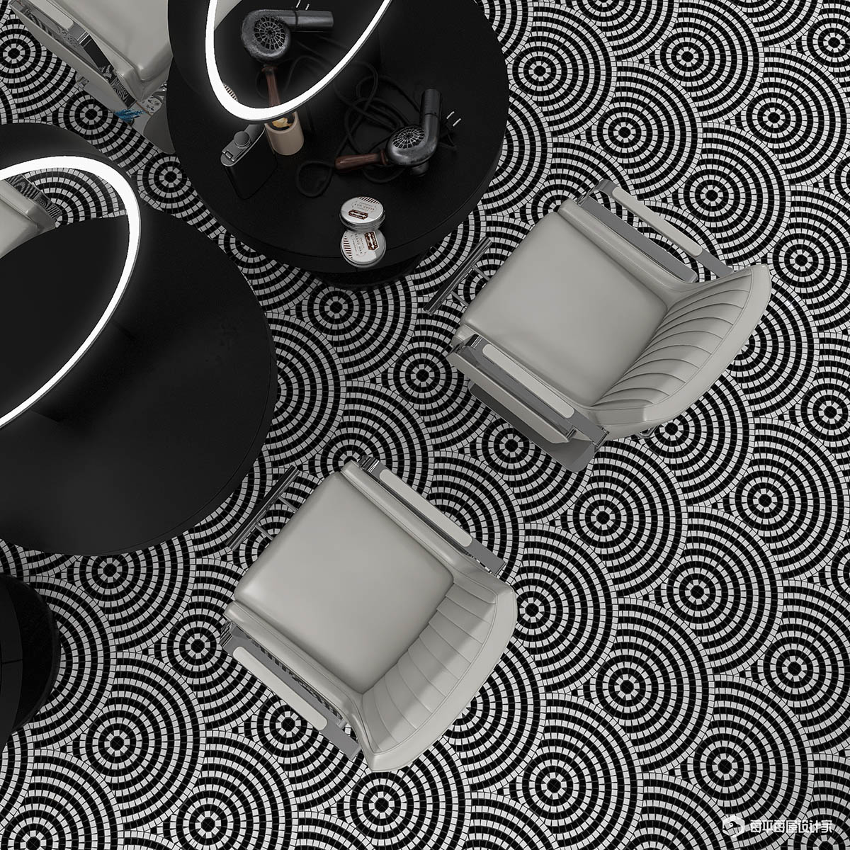 Vanity room scene with white and black scale glass mosaic tiling art on the floor