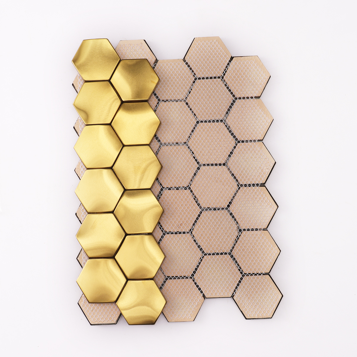 Back view of folded 3D gold stainless steel hexagon mosaic wall tiles.