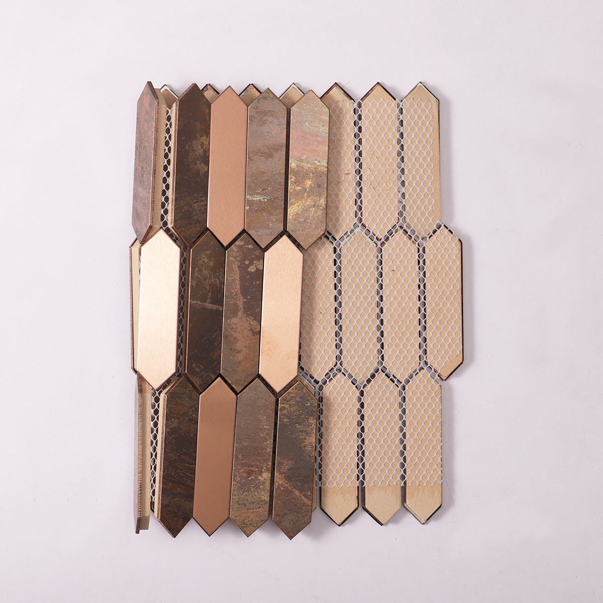 Folded back side of Picket copper and stainless steel metal mosaic tiles.