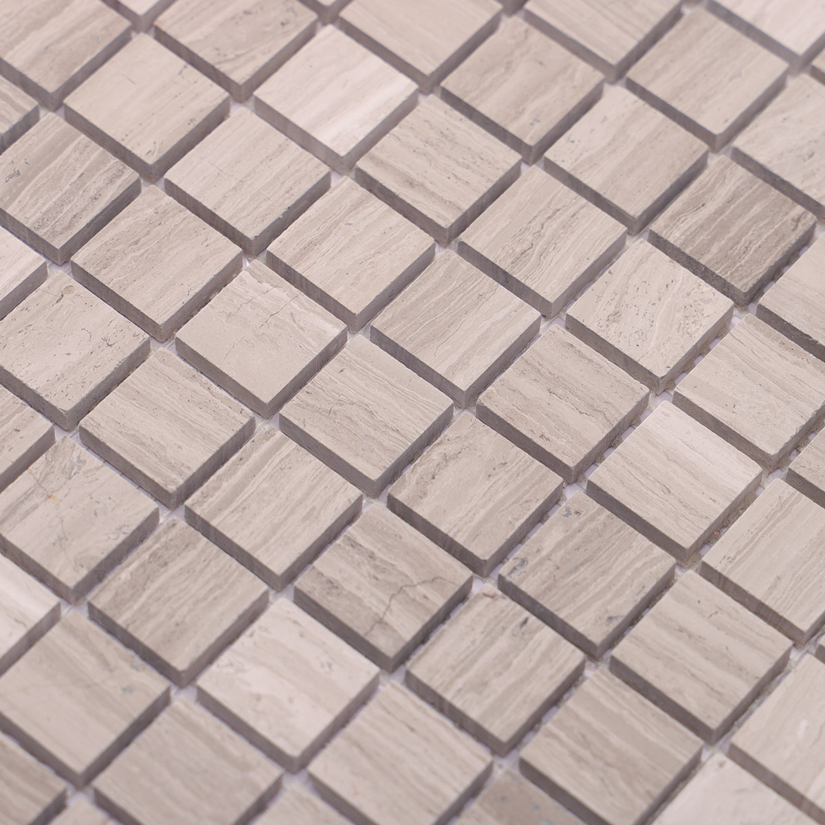 Close-up of Grigio Legno square marble mosaic tiles