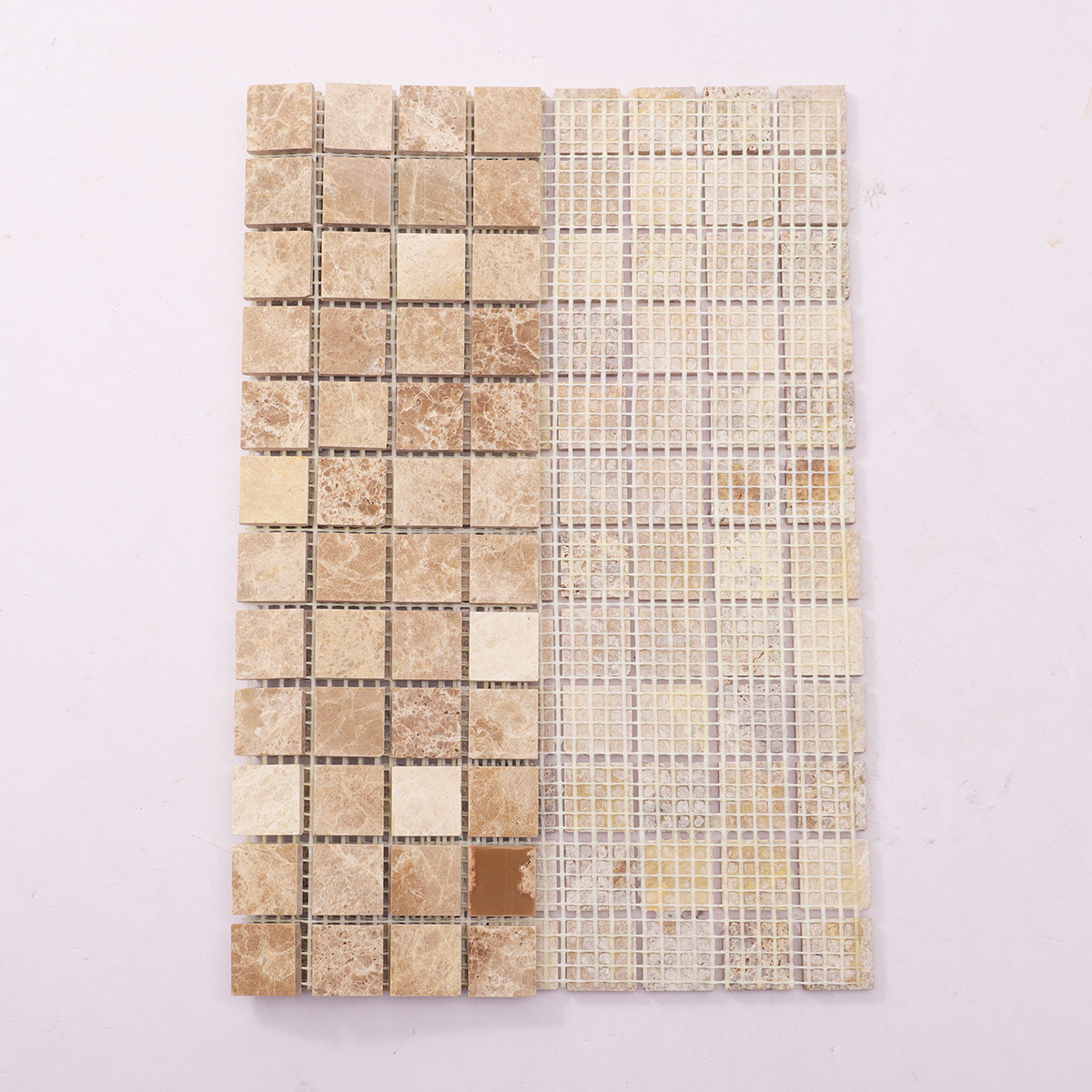 back view of folded Emperador light polished marble mosaic tiles.